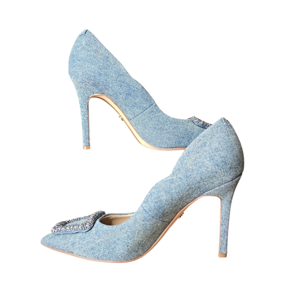 Sam Edelman Womens Harriett Scalloped Beaded Pointed Toe Denim Heels Size 9.5 - Picture 3 of 12